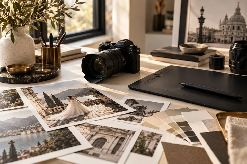 Camera, pen tablet and photographic prints in a sunlit creative studio